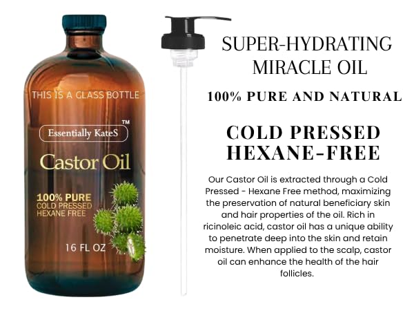 Essentially KateS Castor Oil 16 Fl Oz (Glass Bottle) - Original - A Huge Glass Bottle with a Pump - 100% Pure and Natural, Cold Pressed, and Hexane-Free - Hair and Body