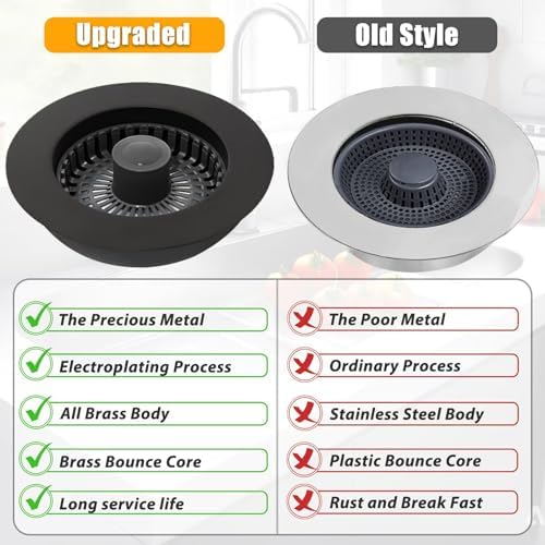 Kitchen Sink Drain Strainer,3 in 1 Pop Up Kitchen Sink Stopper,Made of Brass Material,with an Extra Basket Strainer,Sink Bounce Core Drain Strainer,Universal for US Standard 3-1/2 Inch,Black