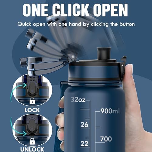OLDLEY Water Bottle, 32oz Motivational Sports Water Bottle with Time Marker - Times to Drink - Tritan, BPA Free, Wide Mouth Leakproof, Navy Blue Green (1 Bottle)