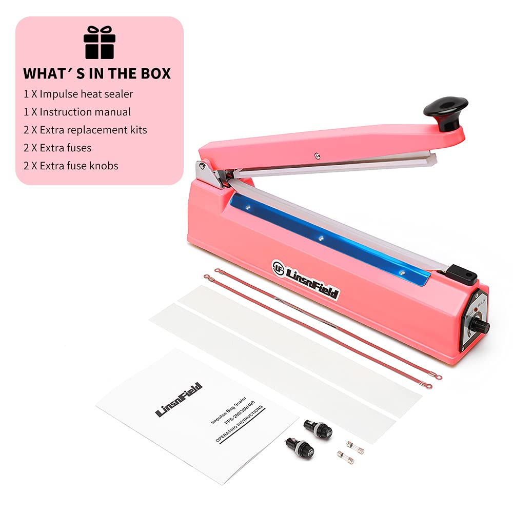 LinsnField Sealer Pro, Patented 8-inch Impulse Heat Sealer, 2-mm Sealing Width Super Heavy Duty Bag Sealing Machine with Extra 2 Replacements, 1Fuse Included, Pink