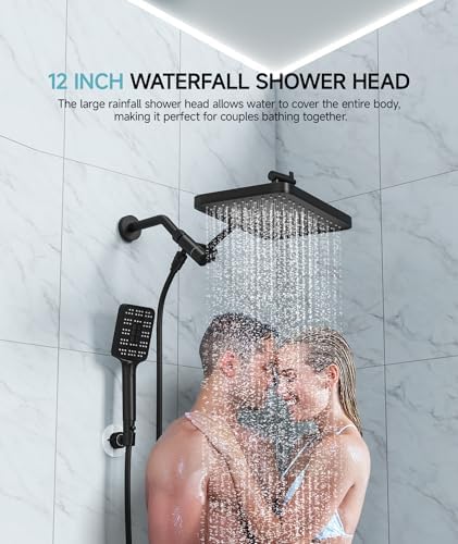 High Pressure Rain Shower Head with Handheld Spray Combo Set, Adjustable 12" Rainfall Dual Shower Head, Double&Tandem Shower Head, Waterfall Showerhead Bathroom -Matte Black