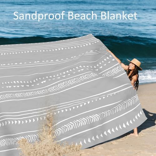 78''×86'' Large Beach Blanket for 4 Adults, Outdoor Beach Mat Sand Proof Waterproof with 4 Stakes & 4 Corner Pockets, Polyester Lightweight Comapct Grey Picnic Mat for Travel, Camping, Hiking