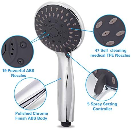 High Pressure Handheld Shower Head Briout 5-Settings Powerful Water Spray Shower Head against Low Pressure Water Flow with Stainless Hose and Adjustable Mount