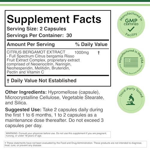 Citrus Bergamot Supplement, 1000mg, 60 Capsules - Supports Healthy Cholesterol & Triglyceride Levels - 1,000mg Servings (Bergamonte Standardization) by Double Wood