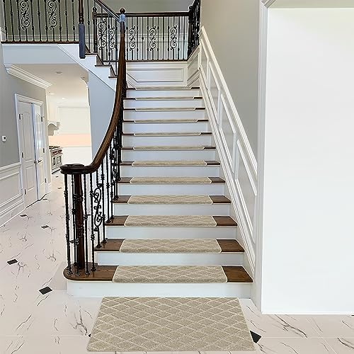 PURE ERA Bullnose Carpet Stair Treads Tape Free Non-Slip Indoor Stair Protectors Pet Friendly Stair Treads for Wooden Steps 9.5" x 30"(14 Pieces, Cream Gray Diamond Trellis)