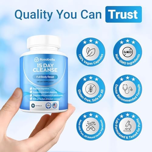 Rosabella 15 Day Cleanse – Full Body Detox & Colon Cleanse for Men & Women – Gut Cleanse Detox Pills for Digestive Health & Bloating Relief – Doctor-Formulated, Non-GMO, 30 Vegan Capsules