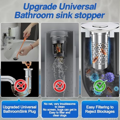 Bathroom Sink Stopper Hair Catcher, Pop-up Sink Drain Strainer with Removable Stainless Steel Strainer Basket Hair Catcher, Bathroom Sink Strainer for Bathroom Sink Stopper Replacement.(New-2PCS)