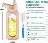 CIVAGO 32 oz Glass Water Bottle with Straw and Handle, Large Sports Motivational Water Bottle Flask with Time Marker and 2 Lids, Leakproof Water Jug Canteen with Silicone Sleeve for Gym,Beige
