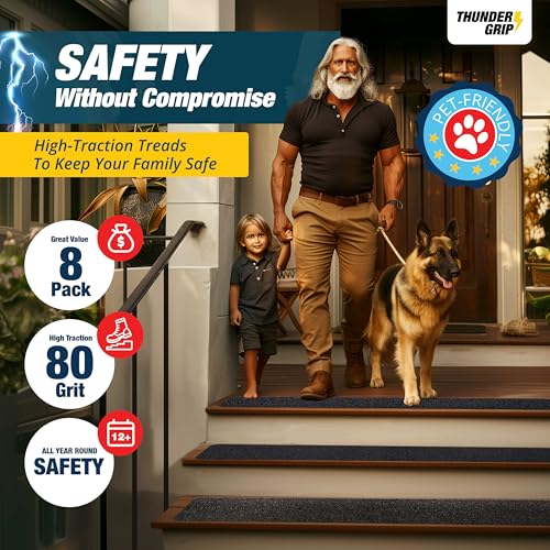Outdoor Stair Treads Non Slip 30" x 8" - 8-Pack Weather Resistant Exterior Grip Tape for Wooden Steps - Non Slip Stair Treads - Anti Skid Strips - Waterproof 80-Grit Adhesive Treads