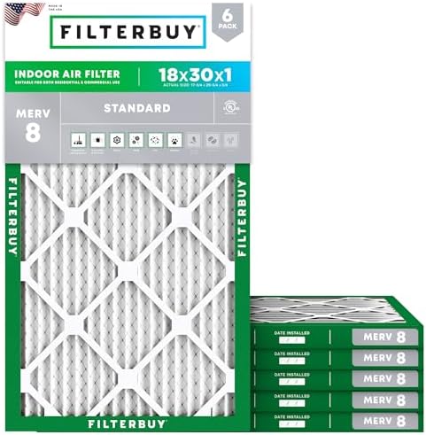 Filterbuy 18x30x1 Air Filter MERV 8 Dust Defense (6-Pack), Pleated HVAC AC Furnace Air Filters Replacement (Actual Size: 17.75 x 29.75 x 0.75 Inches)