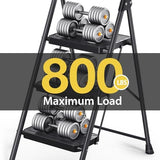 KINGRACK 3 Step Ladder, Sturdy Steel Step Stool with Anti-Slip Wide Pedals, Handrail, Safe-Lock Design, Pass 800lbs Load Testing, Folding Portable Ladder for Multi-Purpose, Home, Kitchen, Black