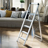KINGRACK Aluminium 5 Step Ladder, Lightweight Step Stool with Non-Skid Pedals, Handrail, Foldable Step Ladder for Kitchen, Garage, Home, Space Saving, Sturdy and Portable, Silver