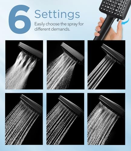 Filtered Shower Head Black - 6 Modes High Pressure Handheld Shower Head with Filter Mineral Beads, Detachable Handheld Showerhead Set with Stainless Steel Hose and Shower Arm Bracket