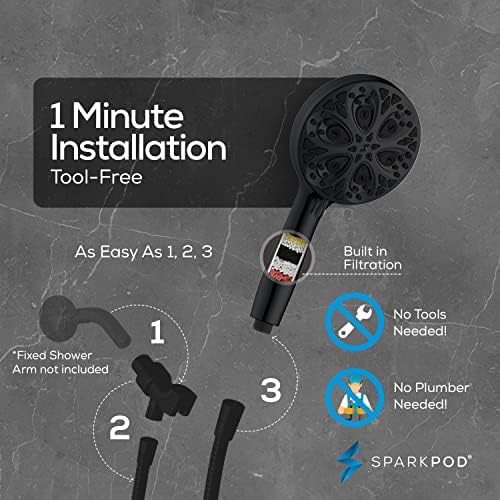SparkPod 10-Mode Handheld Shower Head with Filter - 5" High Pressure Filtered Shower Head with Touch-to-Clean Nozzles, Built-In Power Jet, Stainless Steel 6ft Hose & Bracket (Black Matte)