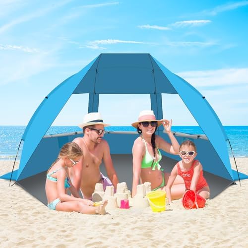 Gorich Portable Beach Tent for 3-6 Person with UPF 50+ UV Protection, Lightweight & Foldable Sun Shelter with 5 Sand Bags, Easy Setup Windproof Beach Umbrella Sun Shade