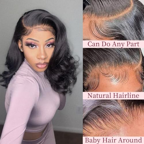 Bob Wig Human Hair 13x4 Body Wave Lace Front Wigs Human Hair 180% Density Lace Front Wigs Human Hair Pre Plucked Human Hair Wigs for Black Women Wigs Human Hair with Baby Hair (14 Inch, Natural Black)