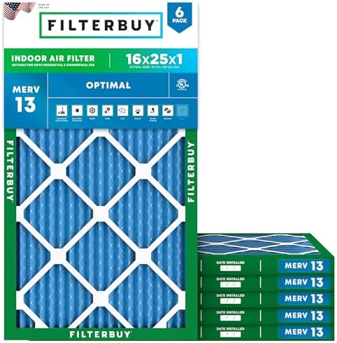 Filterbuy 16x25x1 Air Filter MERV 13 Optimal Defense (6-Pack), Pleated HVAC AC Furnace Air Filters Replacement (Actual Size: 15.50 x 24.50 x 0.75 Inches)