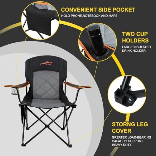 FAIR WIND 2 Pack Oversized Fully Padded Camping Chair Heavy Duty Quad Fold Arm Chair Support 350 LBS with Cup Holder, Collapsible Lumbar Back Chair Portable for Outdoor, Black
