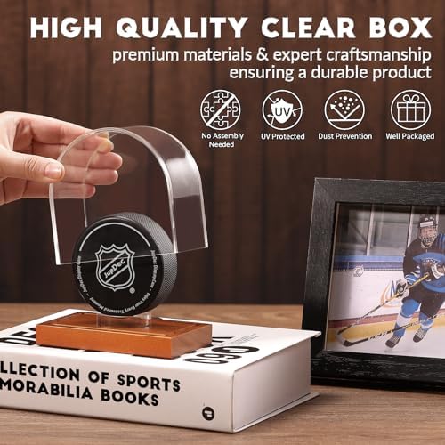 JupDec Hockey Puck and Collectibles Display Case, Premium Acrylic Clear Box Puck Holder with Mahogany Wood Base, Showcase for Autographed Souvenir Memorabilia, Collectible Figure Stand