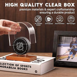 JupDec Hockey Puck and Collectibles Display Case, Premium Acrylic Clear Box Puck Holder with Mahogany Wood Base, Showcase for Autographed Souvenir Memorabilia, Collectible Figure Stand