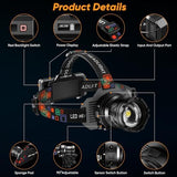 Rechargeable Headlamp Super Bright, Motion Sensor LED Head Lamp with 9 Modes, Zoomable Super Bright Headlamp for Adults 90° Adjustable, IPX7 Waterproof High Power Headlamps for Fishing Camping