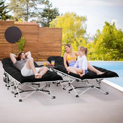 YITAHOME 2 Pcs Camping Cots w/Mattress Portable Lounge Chair Outdoor Folding Cot Heavy Duty 575 LB Capacity 1200D Oxford w/Carry Bag Travel Camp Bed for Camping, Office, Traveling, Black