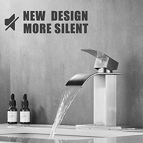 Bathroom Faucet Brushed Nickel Modern Waterfall Bathroom Sink Faucet with Single Handle Suitable for 1 or 3 Holes,Supply Deck Plate and Hose