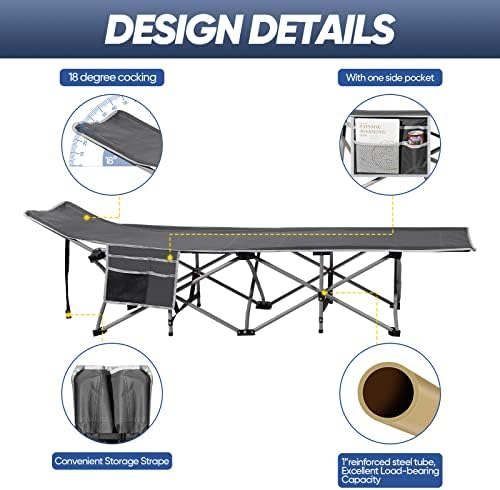 HAITRAL Portable Camping Cot with Mattress - Outdoor Folding Heavy Duty Sleeping Bed with Side Pocket for Adults - Oxford Single Lounge Chaise for Camping Tent Beach Office Max Load 300 LBS (Grey)