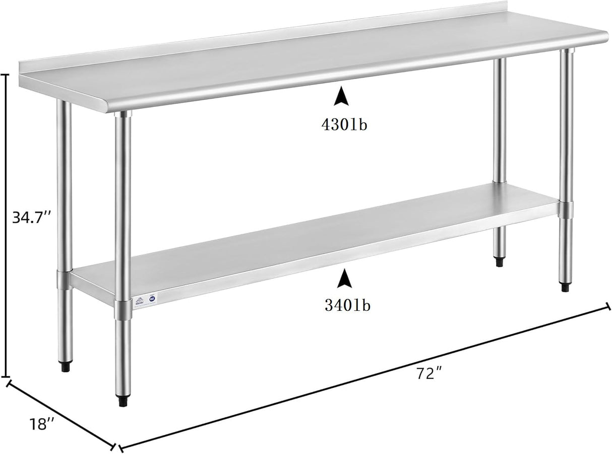 ROCKPOINT Stainless Steel Table for Prep & Work with Backsplash 18x72 Inches, NSF Metal Commercial Kitchen Heavy Duty Table with Adjustable Under Shelf and Table Foot for Restaurant, Home and Hotel