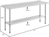 ROCKPOINT Stainless Steel Table for Prep & Work with Backsplash 18x72 Inches, NSF Metal Commercial Kitchen Heavy Duty Table with Adjustable Under Shelf and Table Foot for Restaurant, Home and Hotel