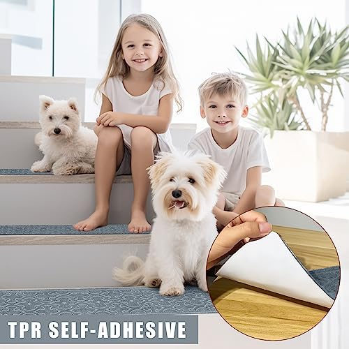 15Pcs Stair Treads for Wooden Steps Indoor with Self Adhesive, 8"x30" Non Slip Stair Runners-Peel & Stick Indoor Stair Carpet Runner, Resistant Indoor Runner for Kids、Elders and Pets, Light Gray