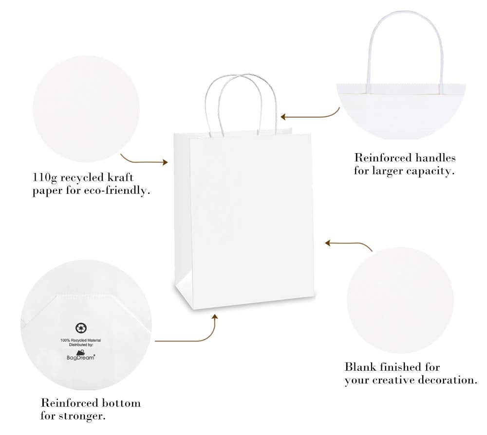 BagDream White Gift Bags with Handles 8x4.25x10.5 Inch Medium 100 Pack Bulk