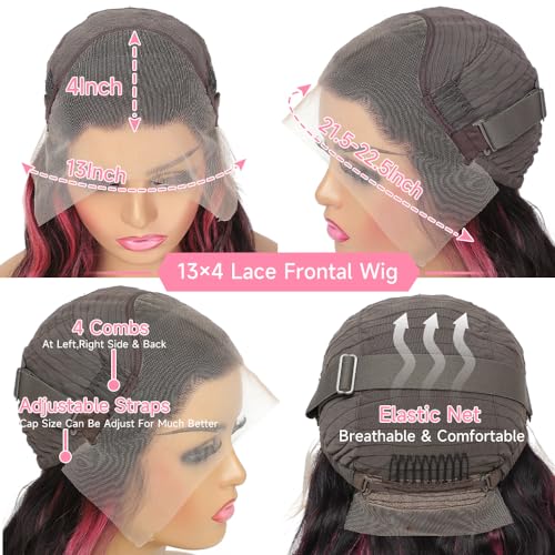 KeaBalo Ombre Lace Front Wig Human Hair Skunk Stripe Human Hair Wigs 13x4 Hd Lace Frontal Body Wave Highlight Pink Human Hair Wig Pink and Black Colored Wigs Human Hair 180% Density 22 Inch