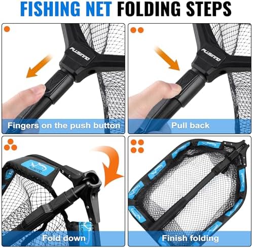 PLUSINNO Floating Fishing Net for Steelhead, Salmon, Fly, Kayak, Catfish, Bass, Trout Fishing, Rubber Coated Landing Net for Easy Catch & Release, Compact & Foldable for Easy Transportation & Storage