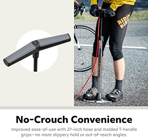 Schwinn Basic and Air Center Floor Bike Pump, Up to 120 Max PSI, Dual Head Fits Schrader and Presta Valve Types, Easy-to-Carry Portable and Convenient Design, Bicycle Essentials for Easy Road Riding