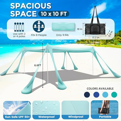 Beach Canopy Beach Tent Pop Up Shade 10x10ft Sun Shelter UPF50+ with 8 Sandbags-2 Sand Shovel-4 Aluminum Poles-Ground Pegs-Portable Carrying Bag for Outdoor Family Camping Fishing Yard Picnic