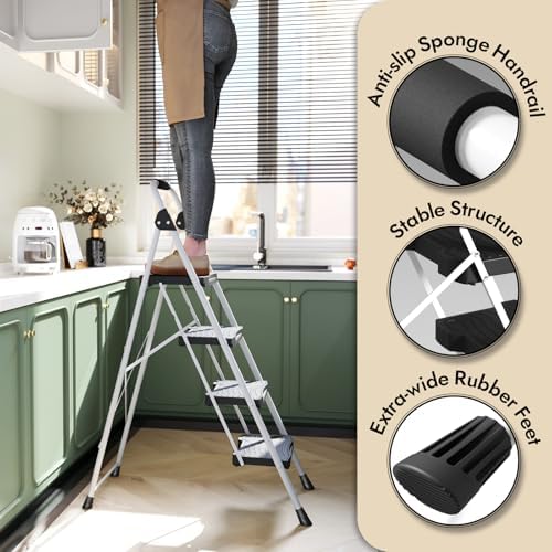 KINGRACK 4 Step Folding Ladder, 900 lbs Load Capacity, Non-Skid Large Pedals, Handrail, Safety Lock, Sturdy Step Stool for Home, Office, Garden, Multi-Purpose, White