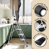 KINGRACK 4 Step Folding Ladder, 900 lbs Load Capacity, Non-Skid Large Pedals, Handrail, Safety Lock, Sturdy Step Stool for Home, Office, Garden, Multi-Purpose, White