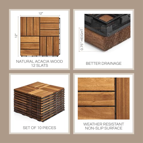 10 Pcs Interlocking Deck Tiles, Patio Flooring - Outdoor Waterproof Acacia Wood Tiles for All Weather Use - Balcony, Backyard, Indoor & Outdoor (Golden Teak, 10 Pcs - 12.1 Square Ft)