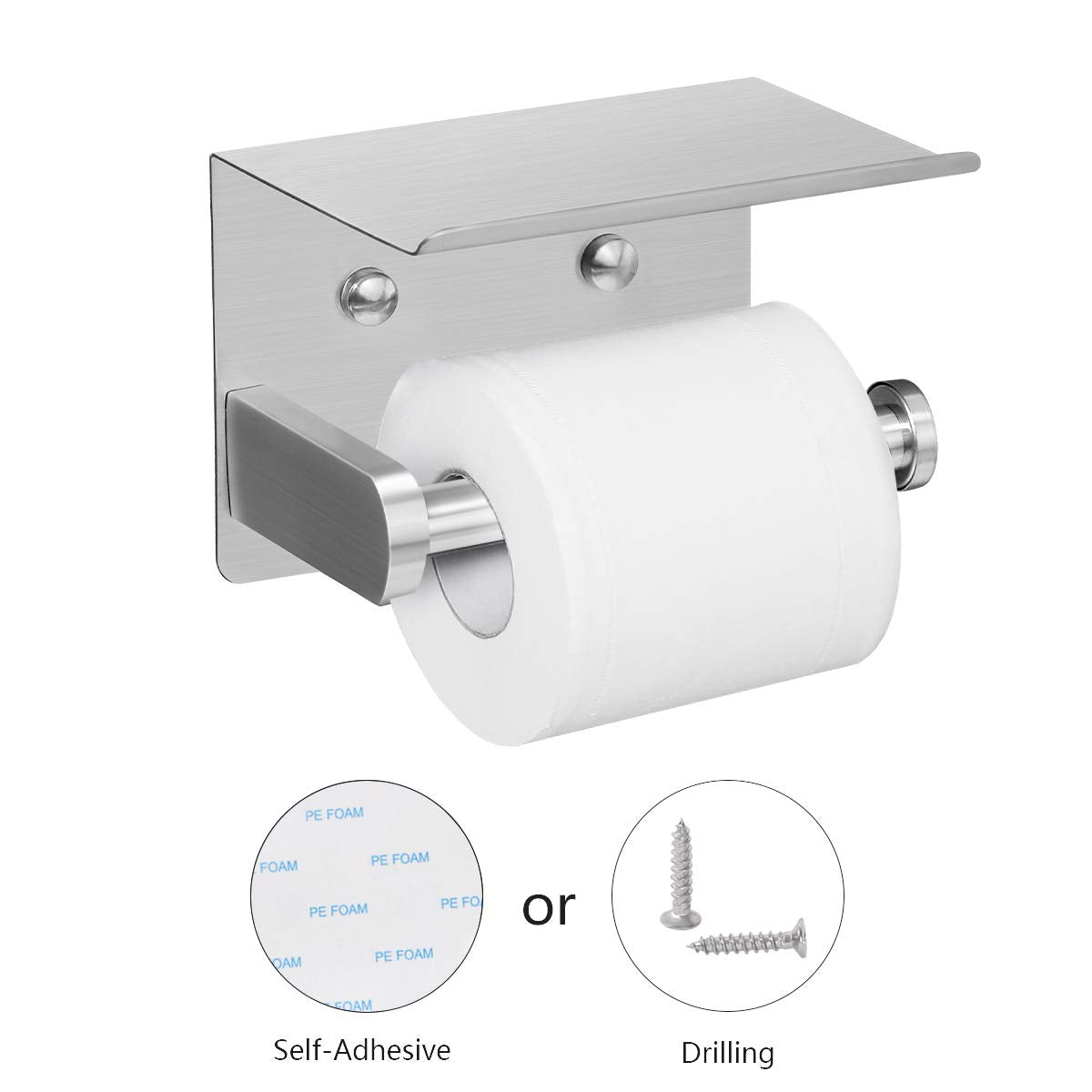 VAEHOLD Self Adhesive Toilet Paper Holder with Phone Shelf Stainless Steel Wall Mounted Toilet Paper Roll Holder - Rustproof and Bathroom Washroom Tissue Roll Holder with Storage Shelf - Silver