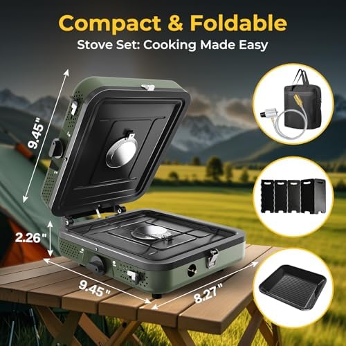 Camping Stove, 2 Burner Propane Stove With Grill,17,000 BTU Camp Stove, Foldable Camping Stove Propane Includes Carry Bag,Windscreen & Grill,Adjustable Burners & Piezo Ignition for Tailgating,BBQ,Camp