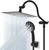Hibbent All Metal High Pressure Rainfall 10 Inch Shower Head/Handheld Showerhead Combo/ 12 Inch Adjustable Curved Shower Extension Arm, 7-Spray, 71-inch Hose, Adhesive Showerhead Holder, Matte Black