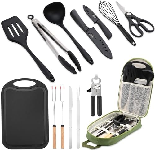 Camping Essentials Cookware Cooking Utensils Set - Portable Camp Kitchen Mess Kit Outdoor Accessories, Stainless Steel & Silicone, Camping Gear Equipment for RV Picnic Grill