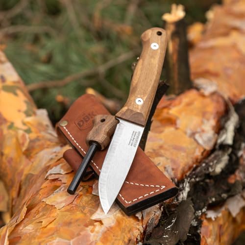 BPS Knives Bushmate 2.0 Designed by DBK - Bushcraft Knife - Fixed-Blade Carbon Steel Knife with Leather Sheath & Firestarter - Outdoor Full Tang Camping Survival Knives