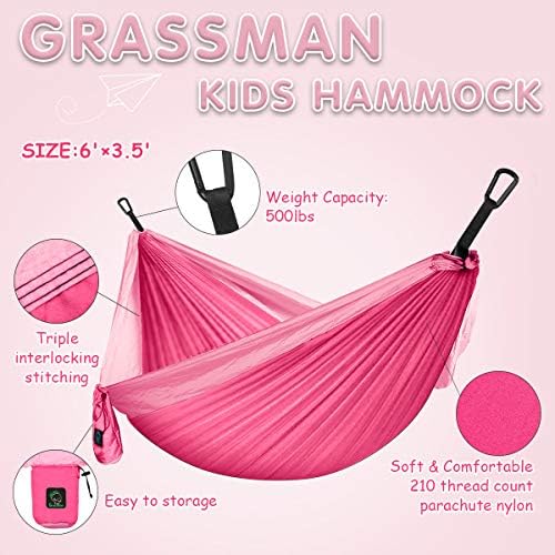 Grassman Kids Hammock- Small Hammock for Camping Portable Hammock for Child Girls Boys Ultralight Backpack Mini Hammocks with Straps Pink