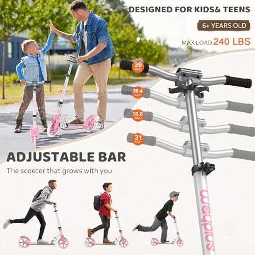 Kick Scooter for Ages 6+,Kid, Teens & Adults. Max Load 240 LBS. Foldable, Lightweight, 8IN Big Wheels for Kids, Teen and Adults, 4 Adjustable Levels. Bearing ABEC9