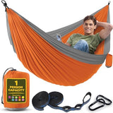 Durable Hammock 400 lb Capacity, Nylon Camping Hammock Chair - Double or Single Sizes w/Tree Straps and Attached Carry Bag - for Travel/Backpacking/Beach/Backyard (Medium, Orange & Light Grey)