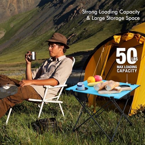 VILLEY Folding Camping Table, Lightweight Portable Beach Table with 2 Cup Holders & Carry Bag for Camping, Beach, Fishing, Travel, and Outdoor Activities (Small)