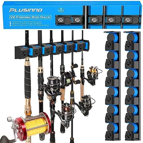 PLUSINNO Fishing Gifts for Men - V6 Vertical Fishing Rod/Pole Holders, Support Extra Large & Heavy Fishing Rod Combos, Fishing Rod Holders for Garage, Wall Mounted Fishing Rod Rack Storage