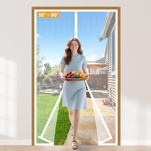 Yotache White Magnetic Screen Door Fit Doors 30 x 80, Screen Size 32" x 81" Heavy Duty for Home Apartment Door with Full Frame Hook&Loop Strip